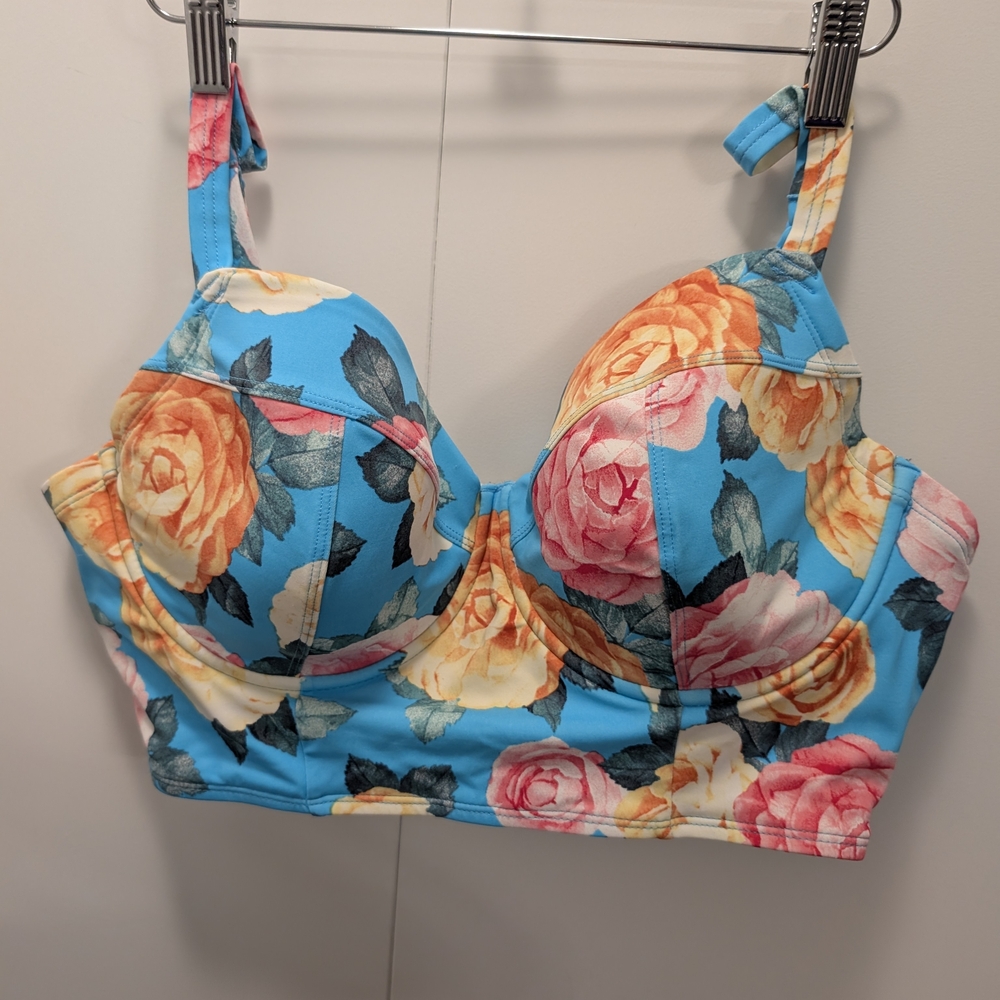 Floral Swim Bra - Blue with Multicolor Roses